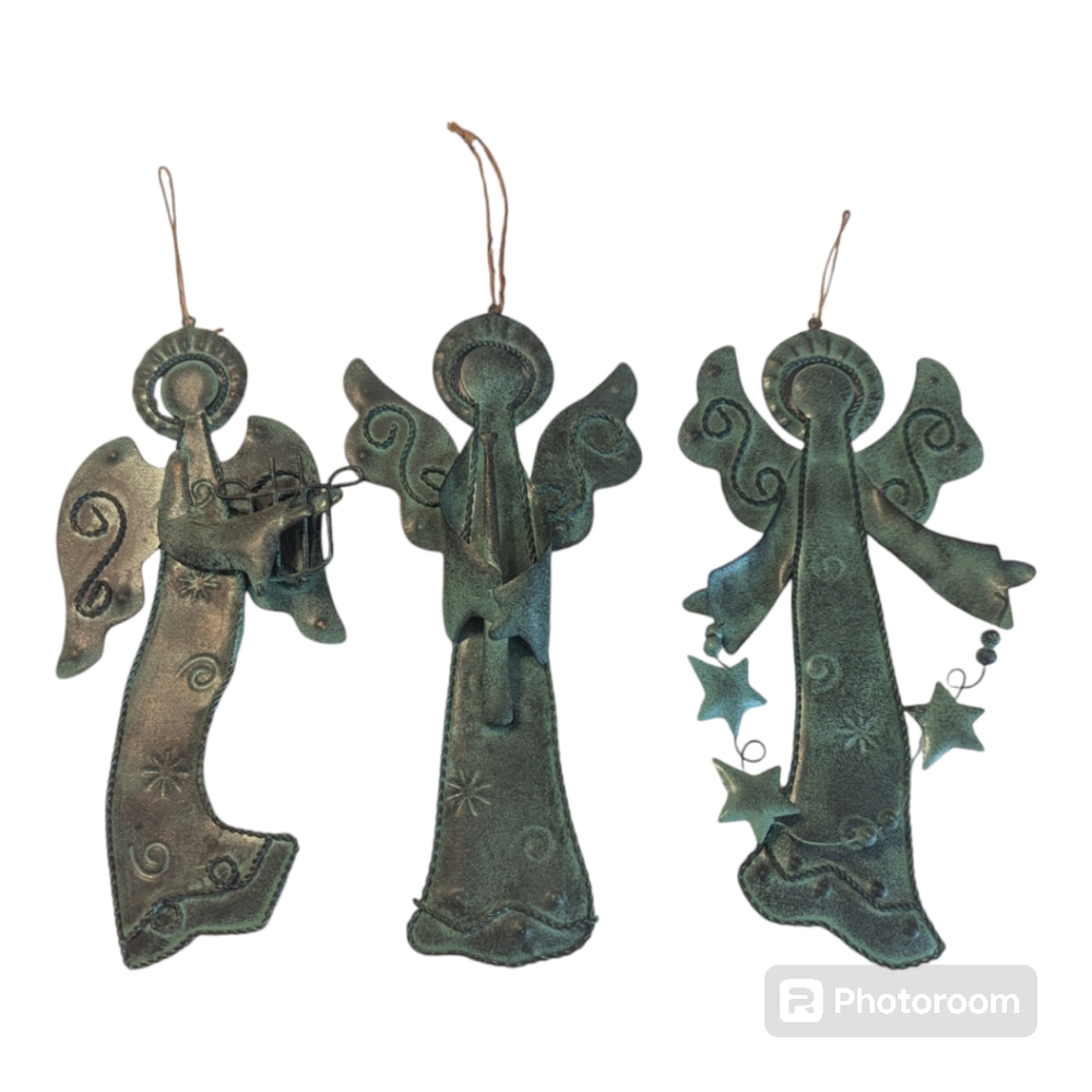 Vintage Trio Green Tin Metal Hanging Angel Ornaments 8.5"